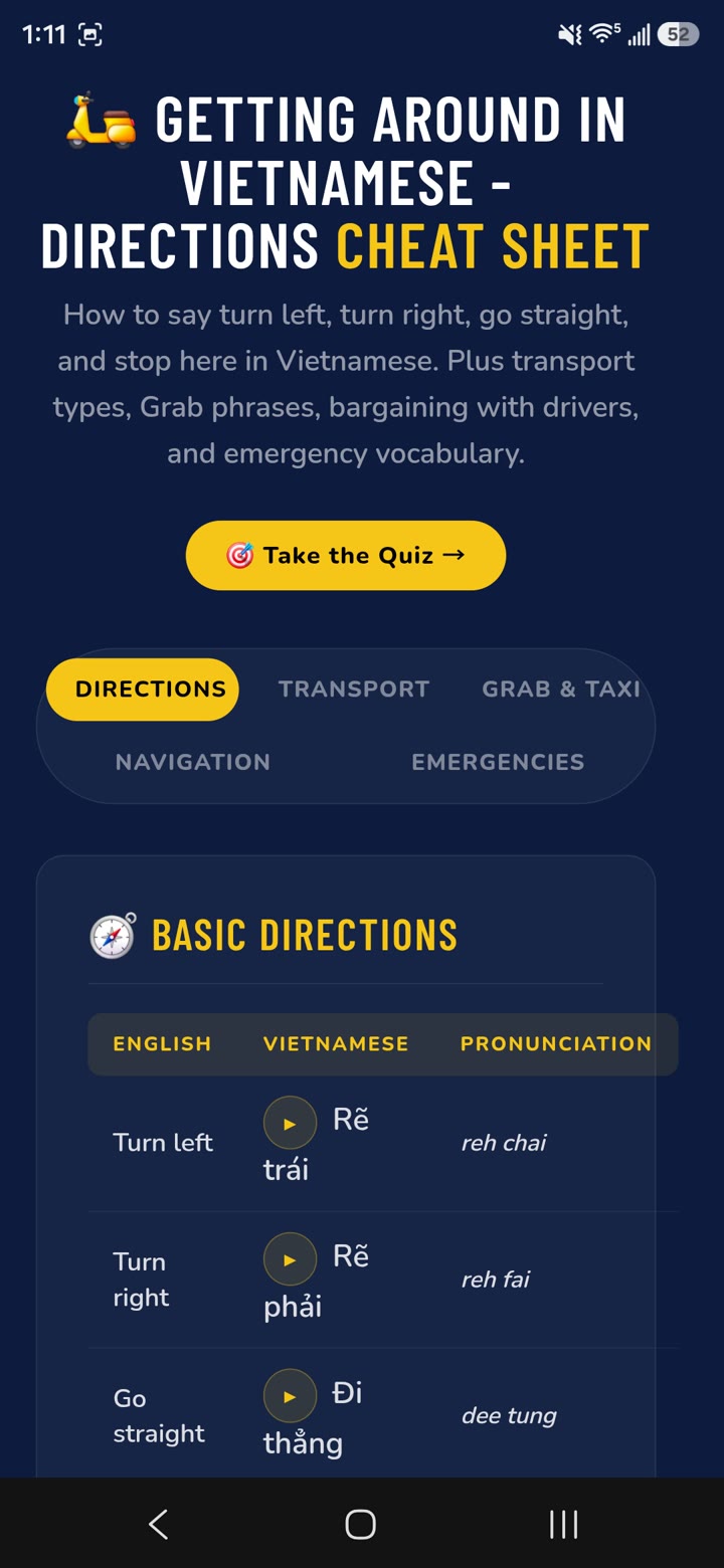 The Getting Around cheat sheet open on a phone, showing turn left, turn right and go straight in Vietnamese with a gold play button beside each phrase.