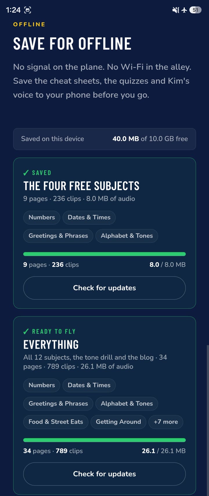 The offline downloads screen on a phone in airplane mode, showing the four free subjects and the full library both saved to the device.