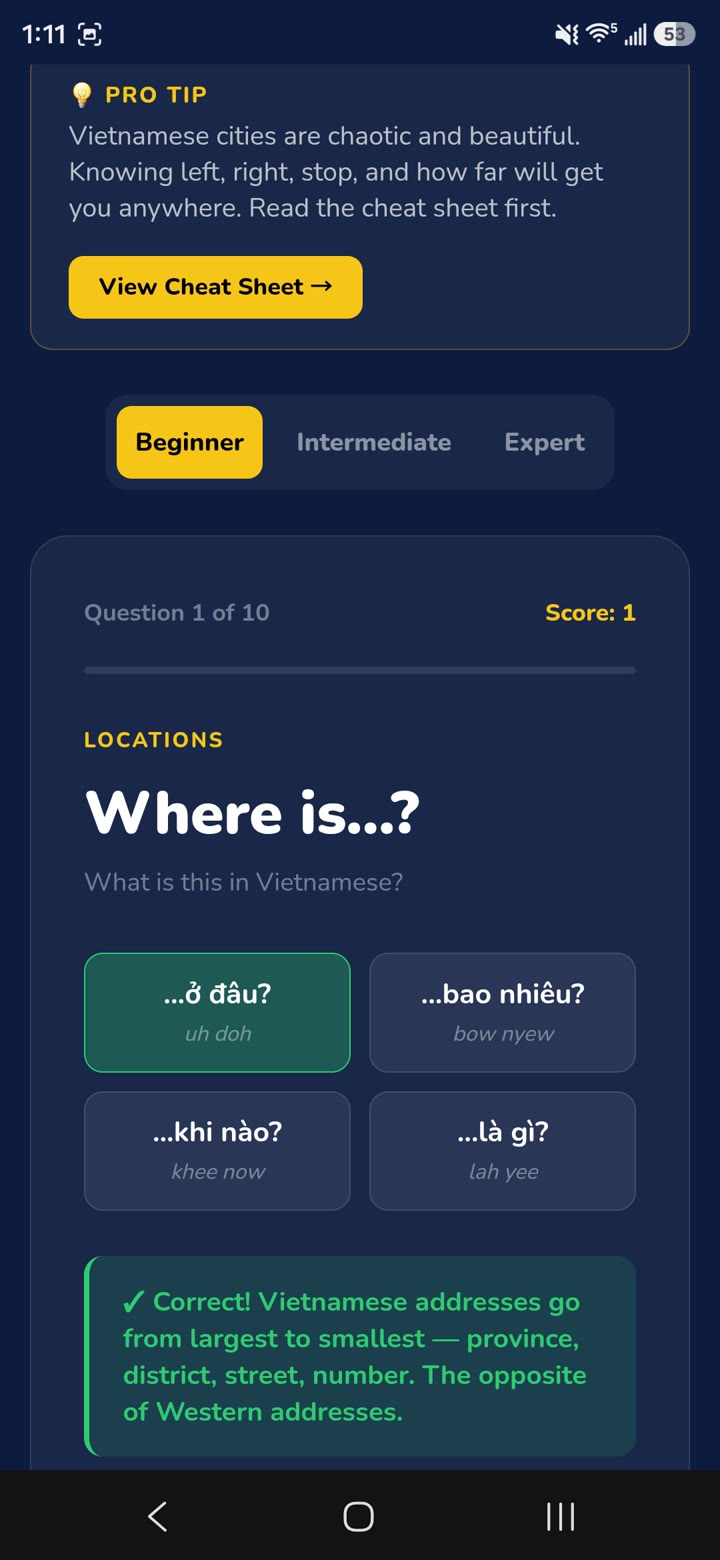 A quiz question on a phone with Beginner, Intermediate and Expert tabs, the correct answer highlighted in green, and an explanation of why it is correct below it.
